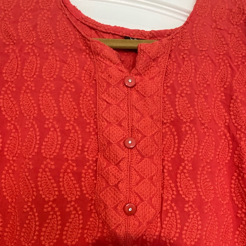 Women's Red Embroidered Button-Front Kurta